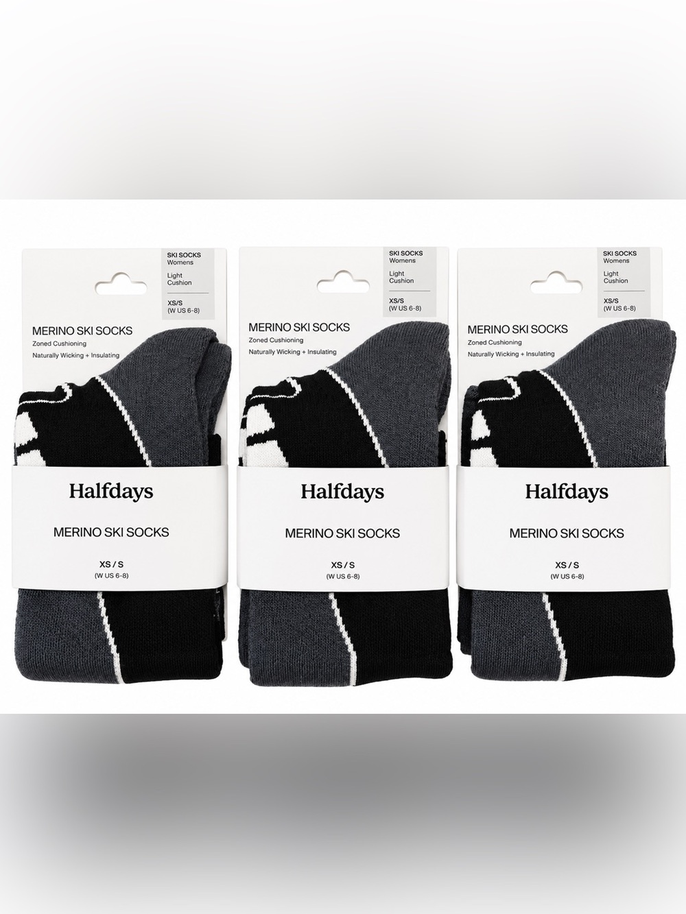 Halfdays Merino Wool Ski Socks 3 Pack Black Gray White XS/S